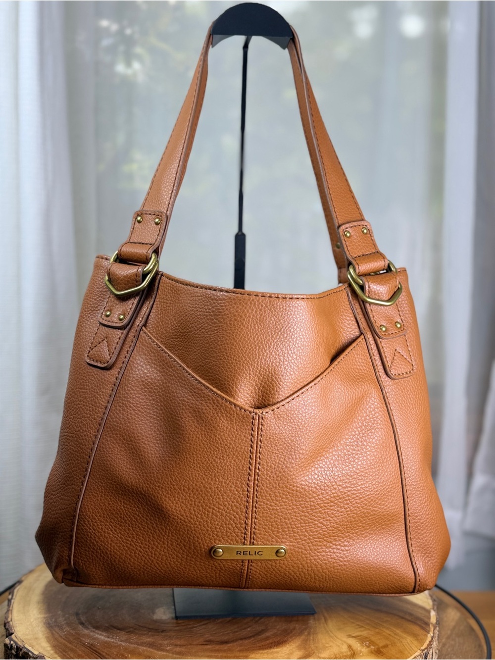 Relic Brown Tan Faux Pebbled Leather Shoulder Bag Tote EUC